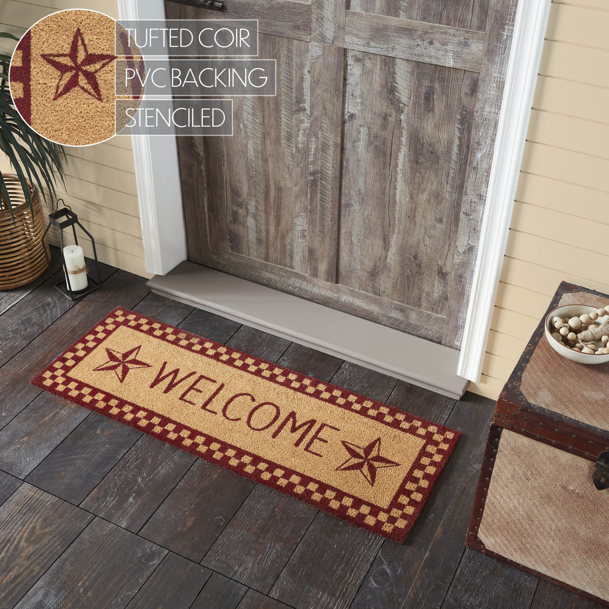 Burgundy Check Stars Coir Welcome Rug Rect 17x48