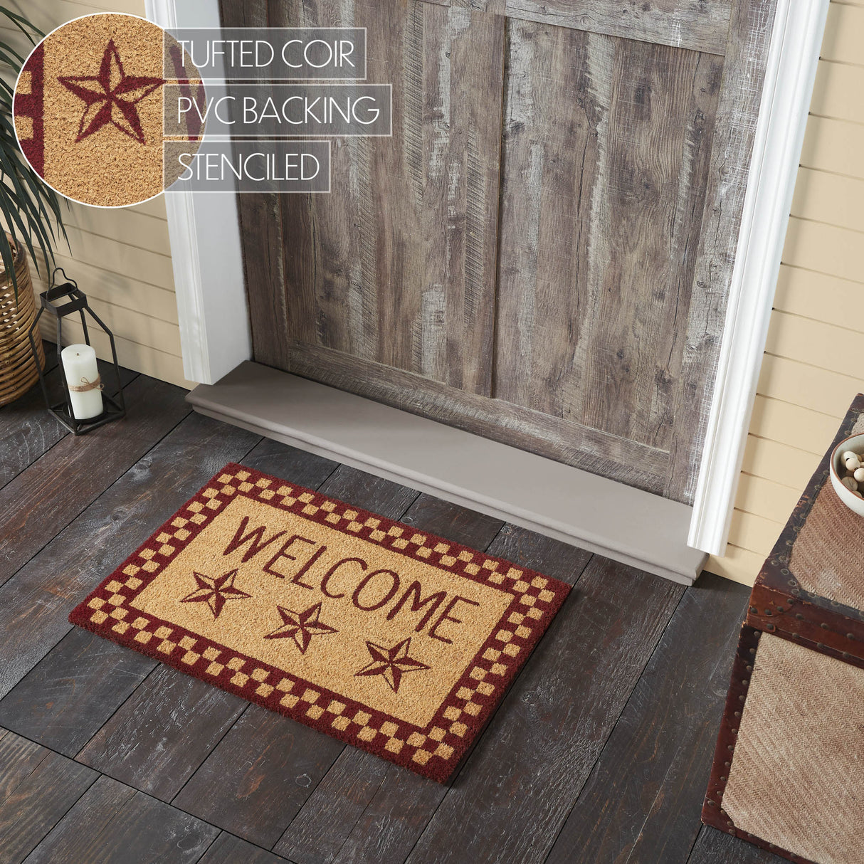 Burgundy Check Stars Coir Welcome Rug Rect 20x30