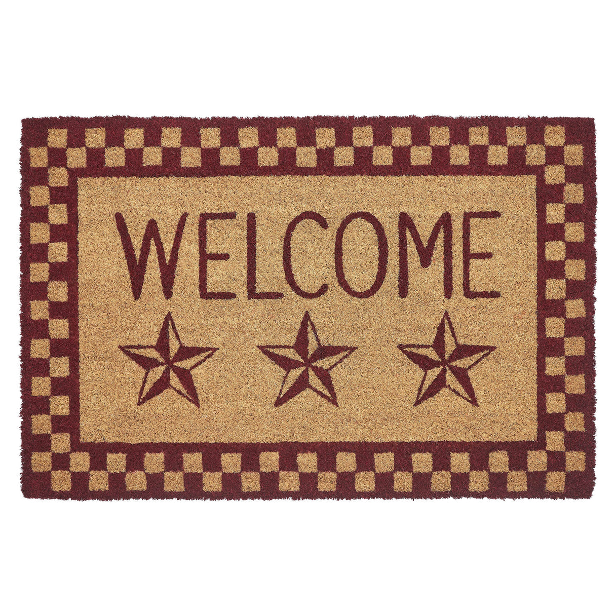 Burgundy Check Stars Coir Welcome Rug Rect 20x30