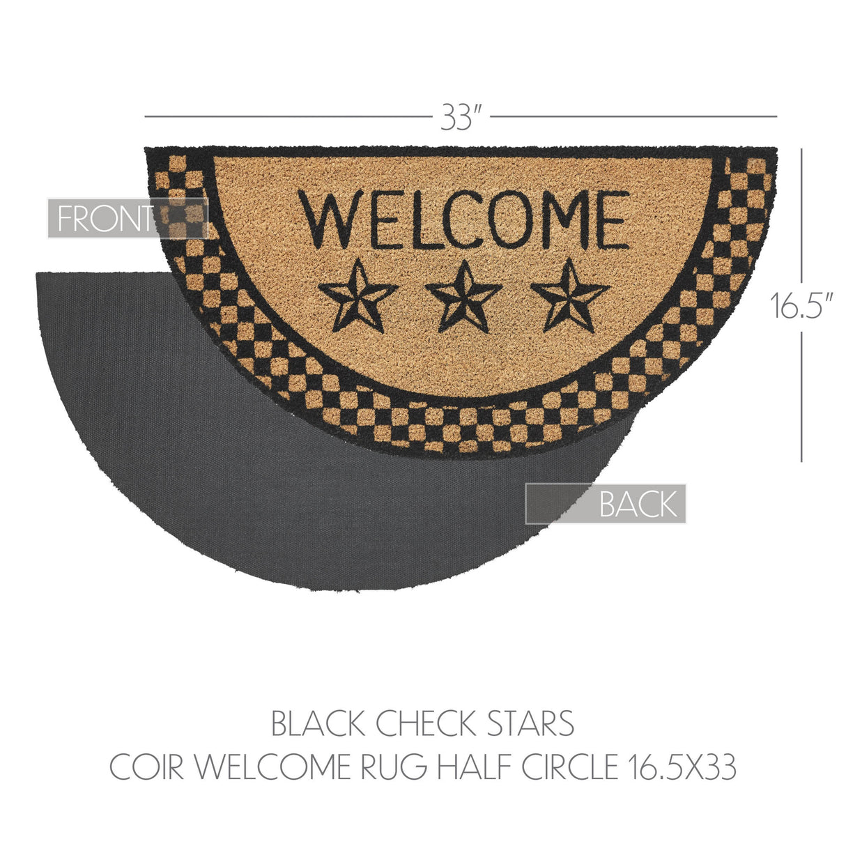 Black Check Stars Coir Welcome Rug Half Circle 16.5x33