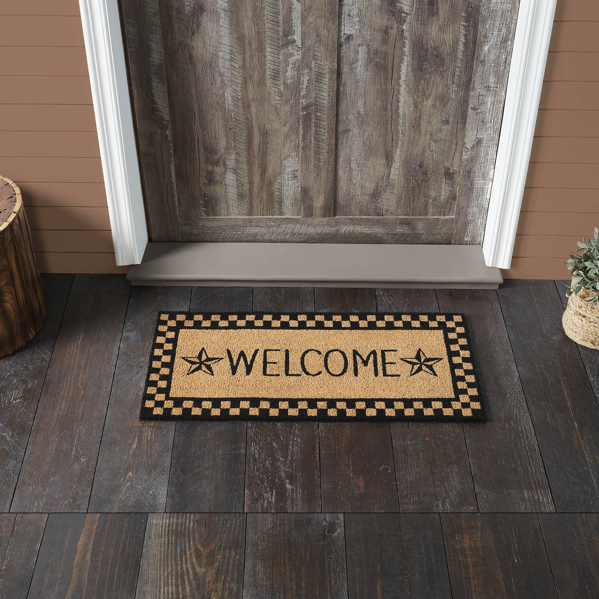 Black Check Stars Coir Welcome Rug Rect 17x36