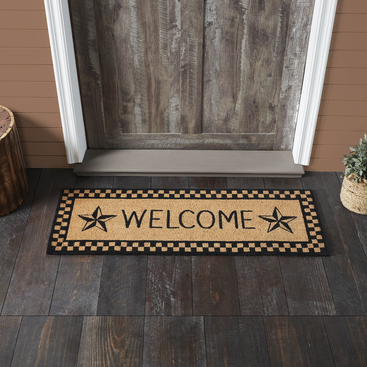Black Check Stars Coir Welcome Rug Rect 17x48