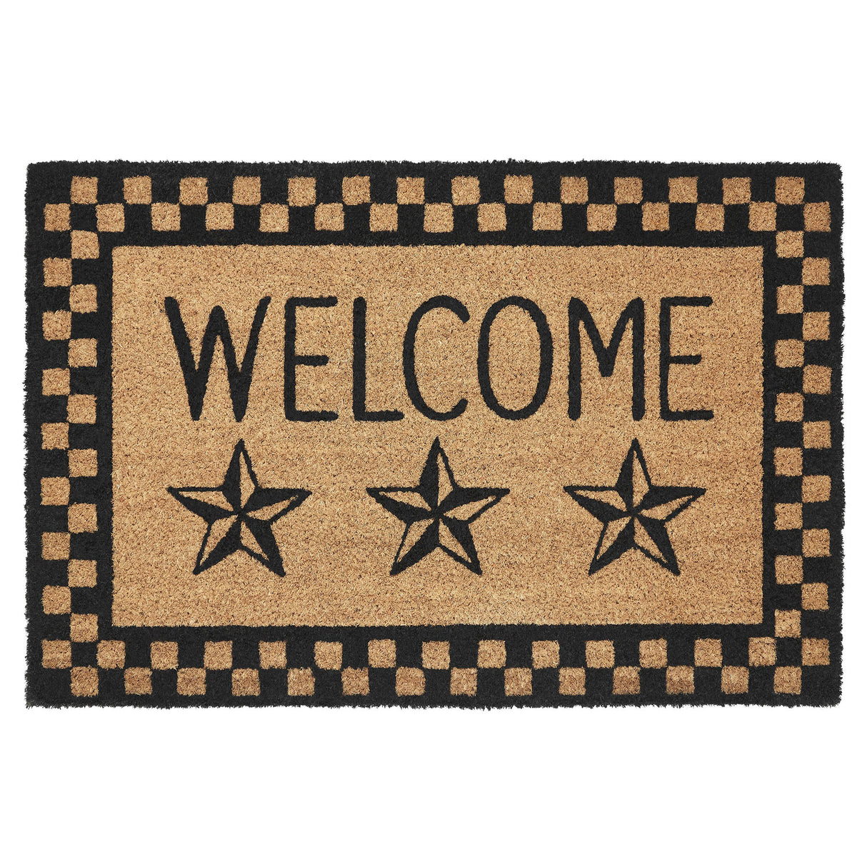 Black Check Stars Coir Welcome Rug Rect 20x30