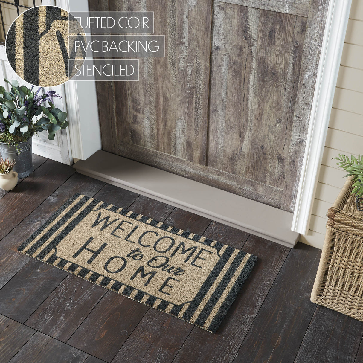 Welcome To Our Home Charcoal Stripes Coir Rug Rect 17x36