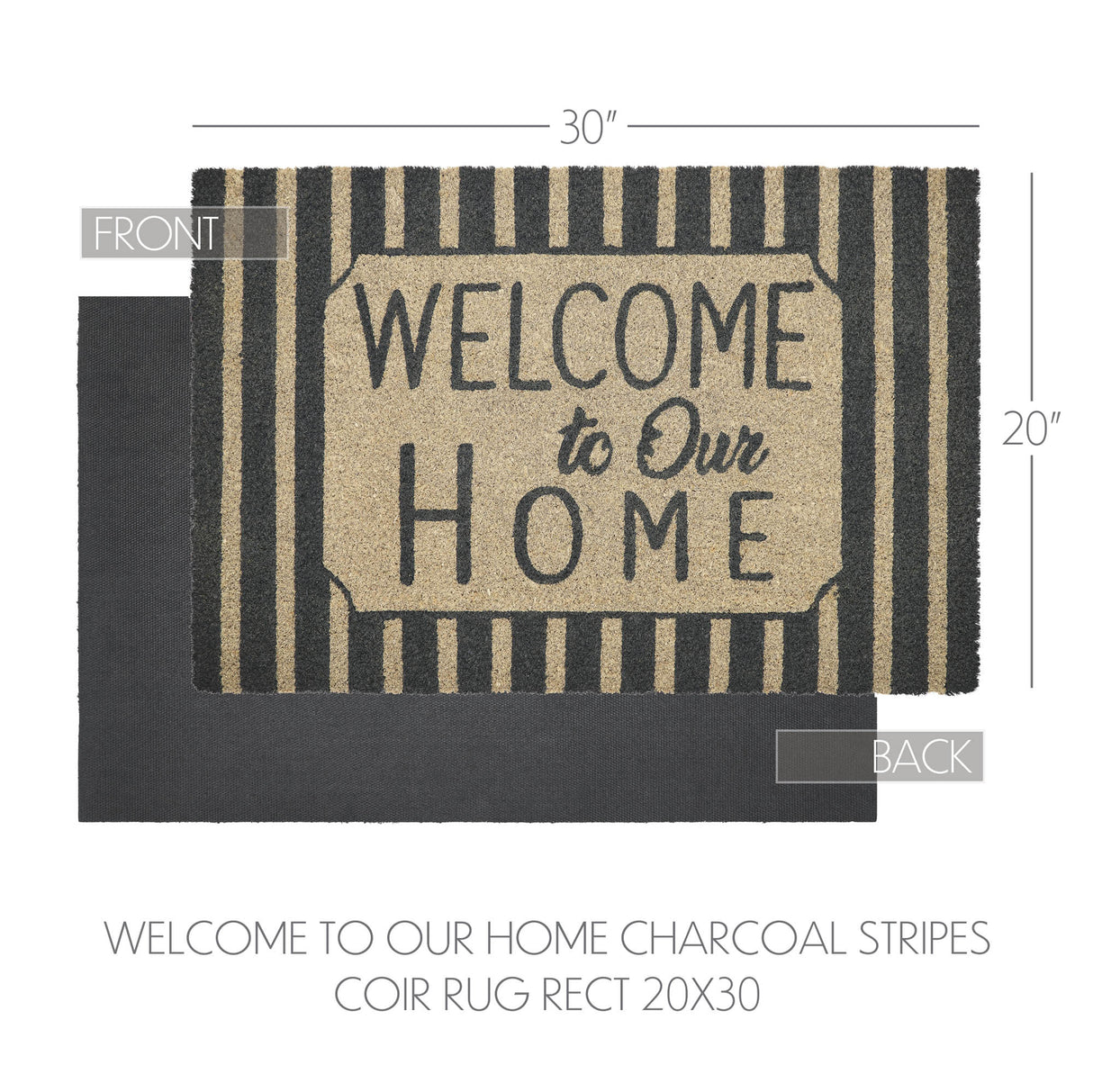 Welcome To Our Home Charcoal Stripes Coir Rug Rect 20x30