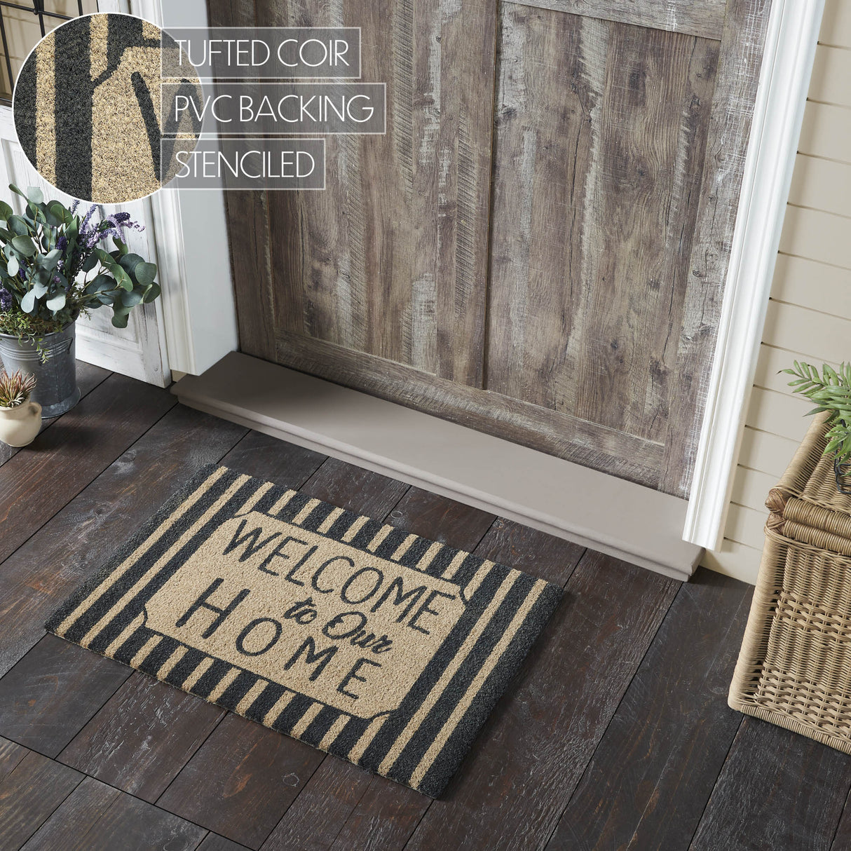 Welcome To Our Home Charcoal Stripes Coir Rug Rect 20x30