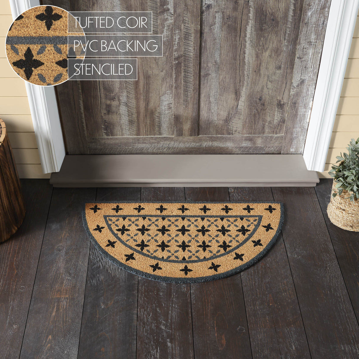 Charleston Mosaic Black Grey Coir Rug Half Circle 16.5x33