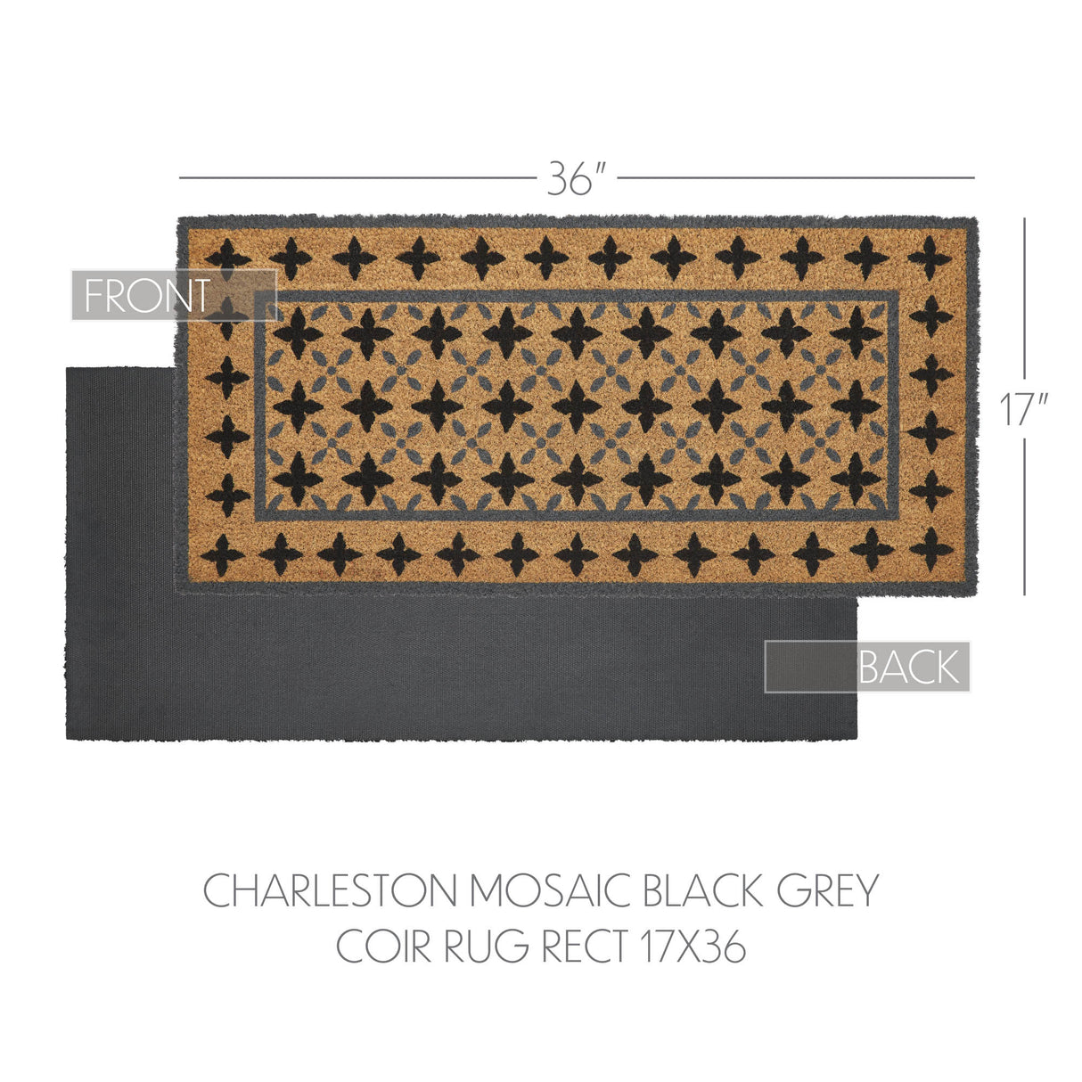 Charleston Mosaic Black Grey Coir Rug Rect 17x36