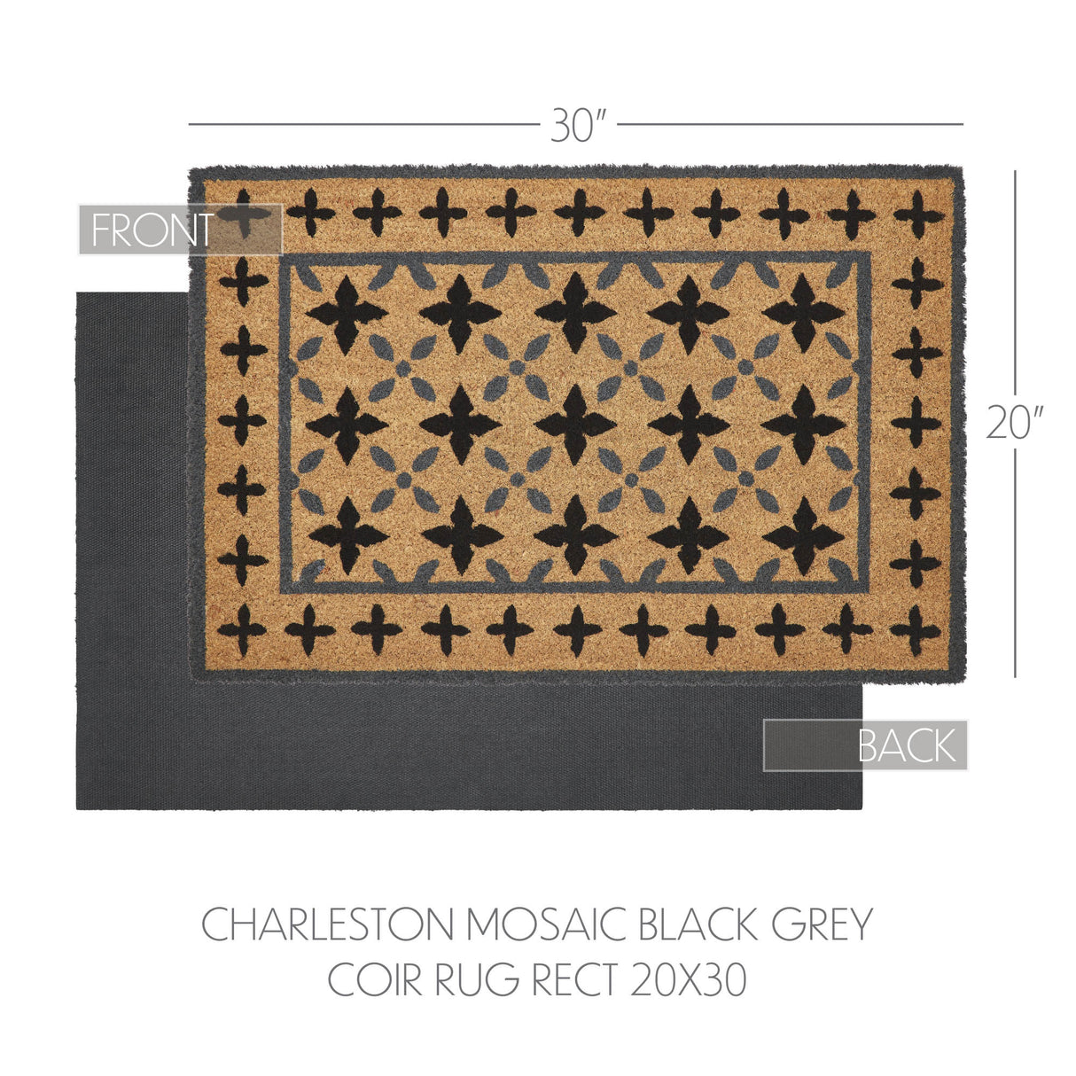 Charleston Mosaic Black Grey Coir Rug Rect 20x30