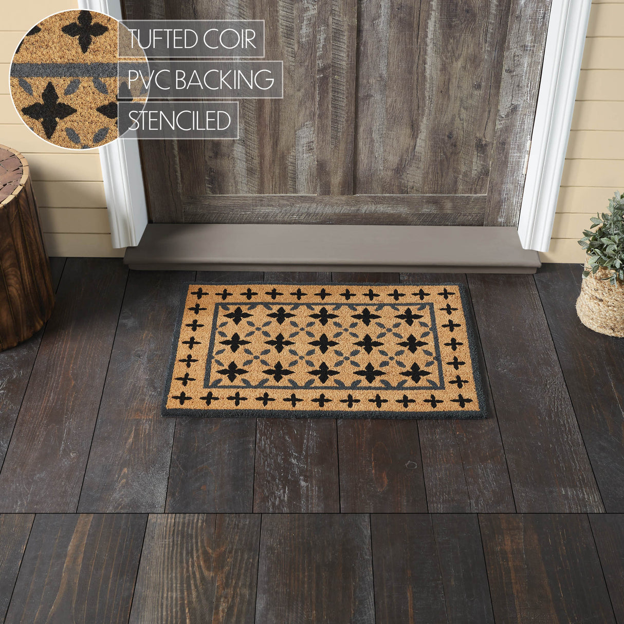 Charleston Mosaic Black Grey Coir Rug Rect 20x30