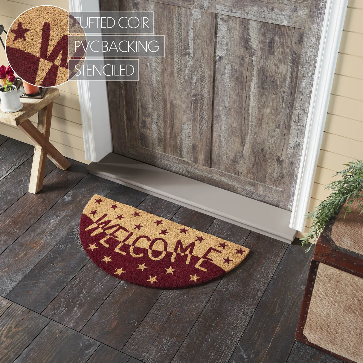 Burgundy Tan Stars Coir Welcome Rug Half Circle 16.5x33