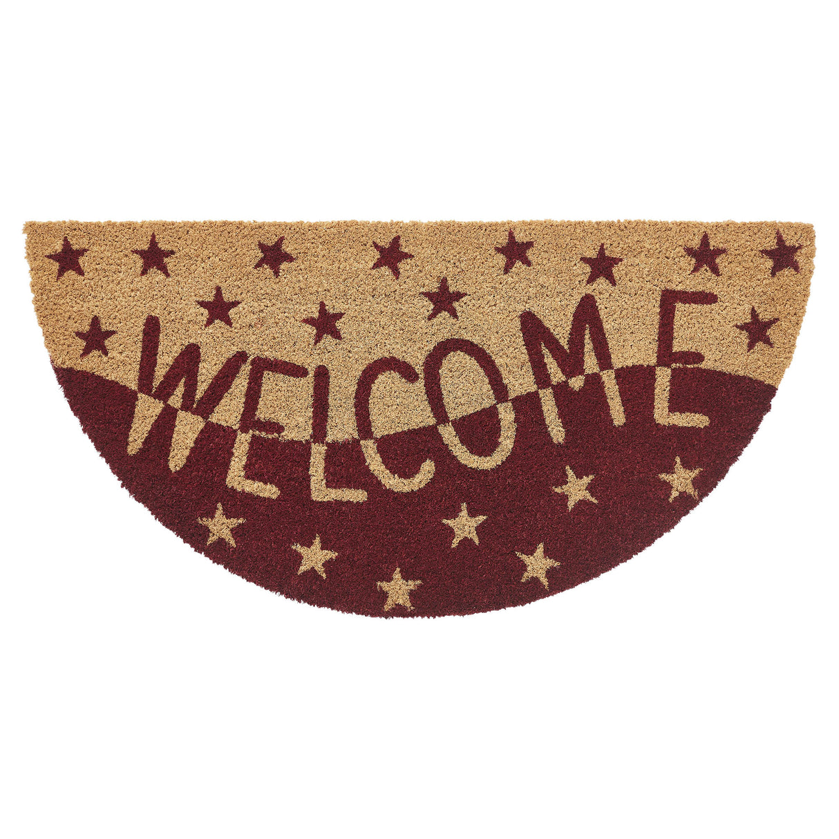 Burgundy Tan Stars Coir Welcome Rug Half Circle 16.5x33