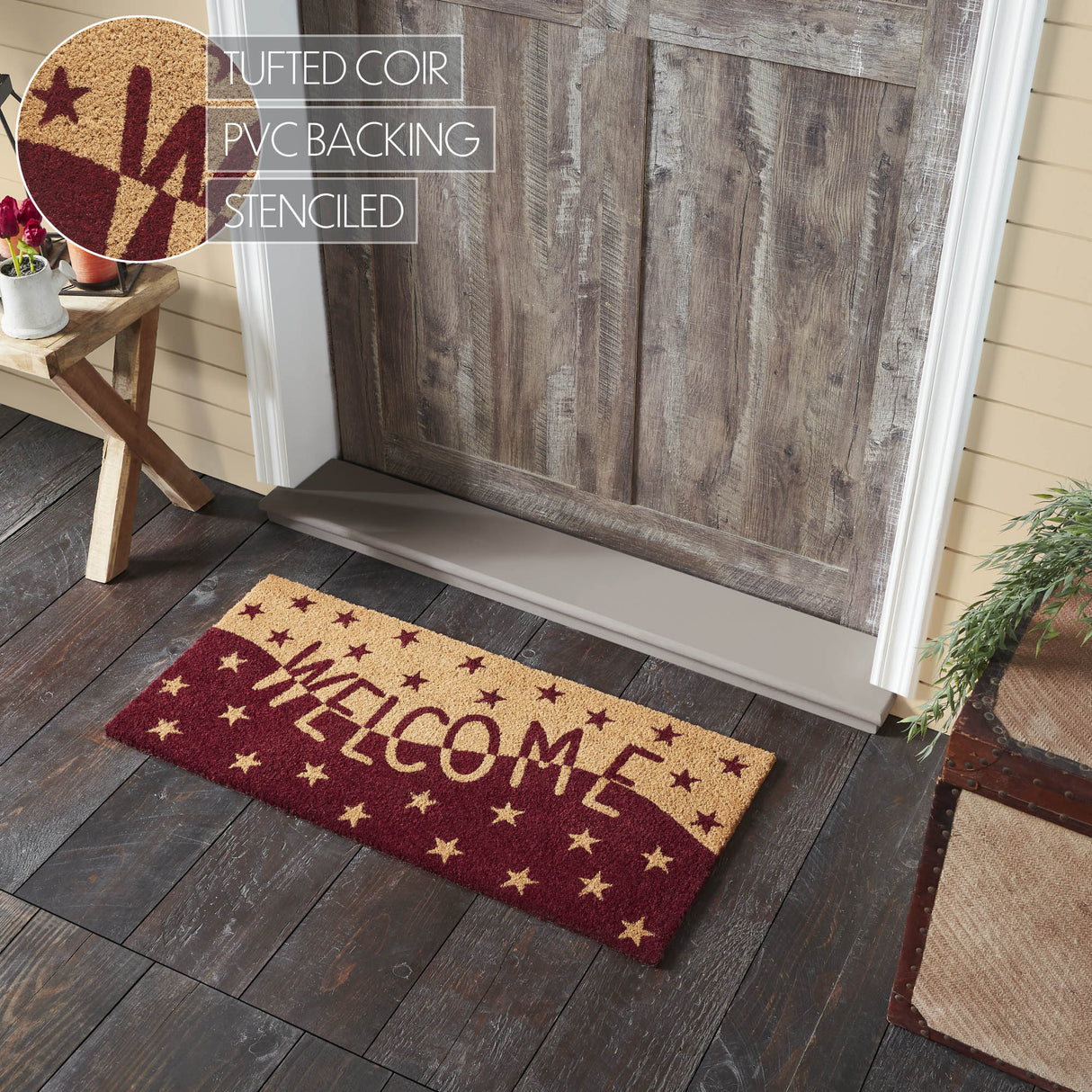 Burgundy Tan Stars Coir Welcome Rug Rect 17x36