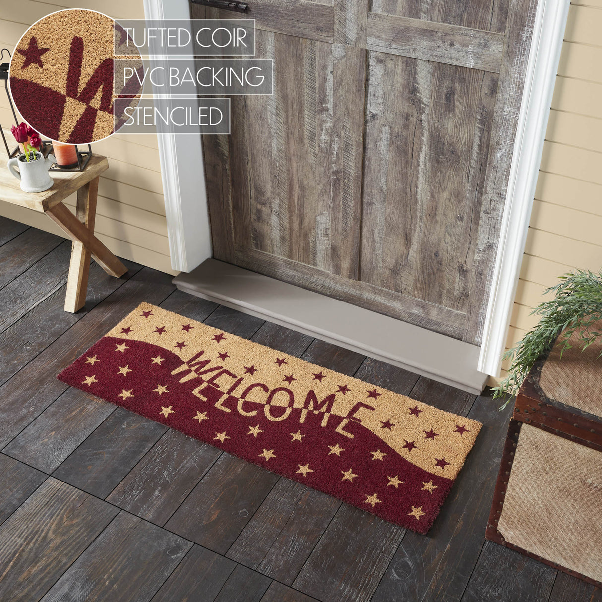 Burgundy Tan Stars Coir Welcome Rug Rect 17x48