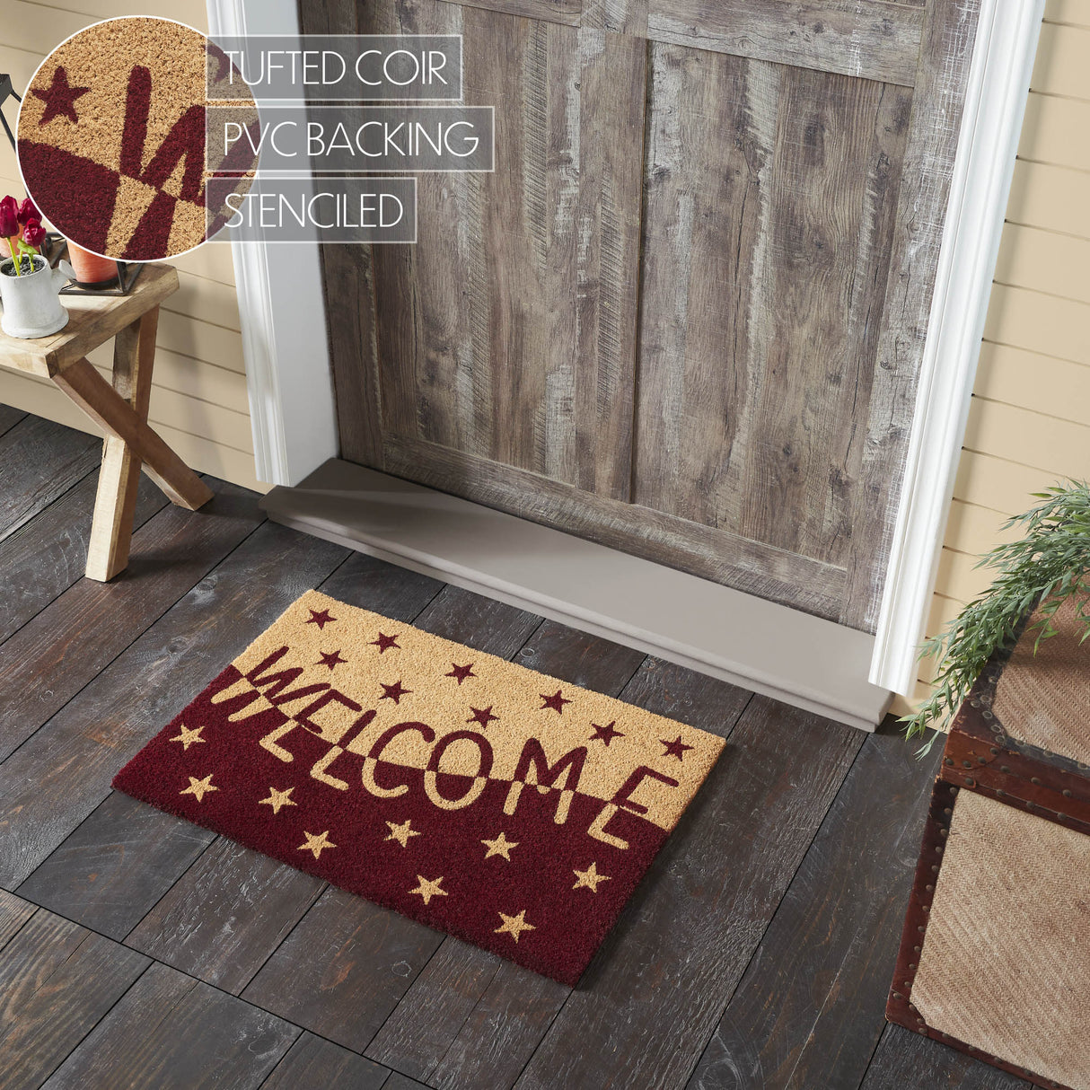 Burgundy Tan Stars Coir Welcome Rug Rect 20x30