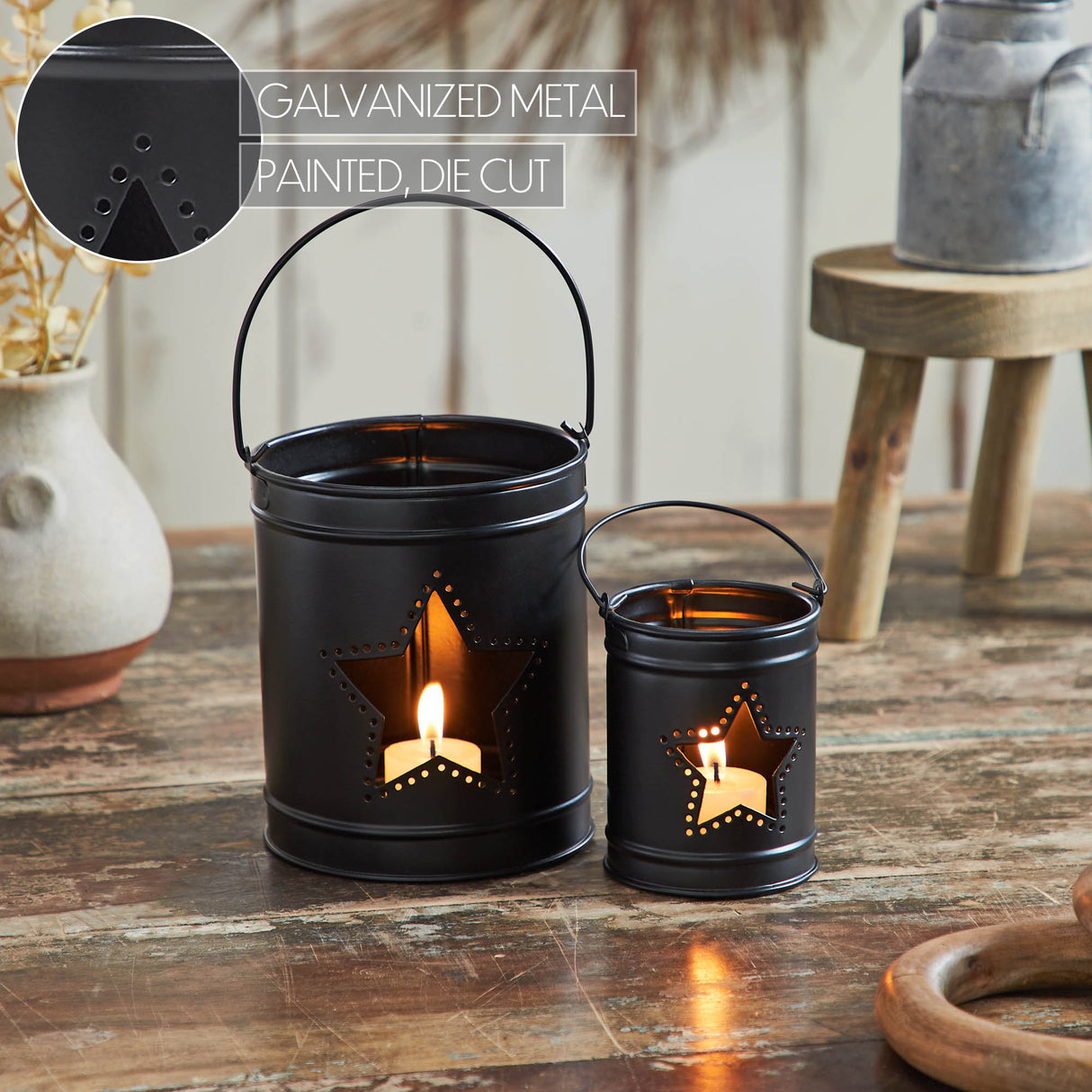 Votive Candle Holder w/ Star Cutout Black Set of 2 Sizes
