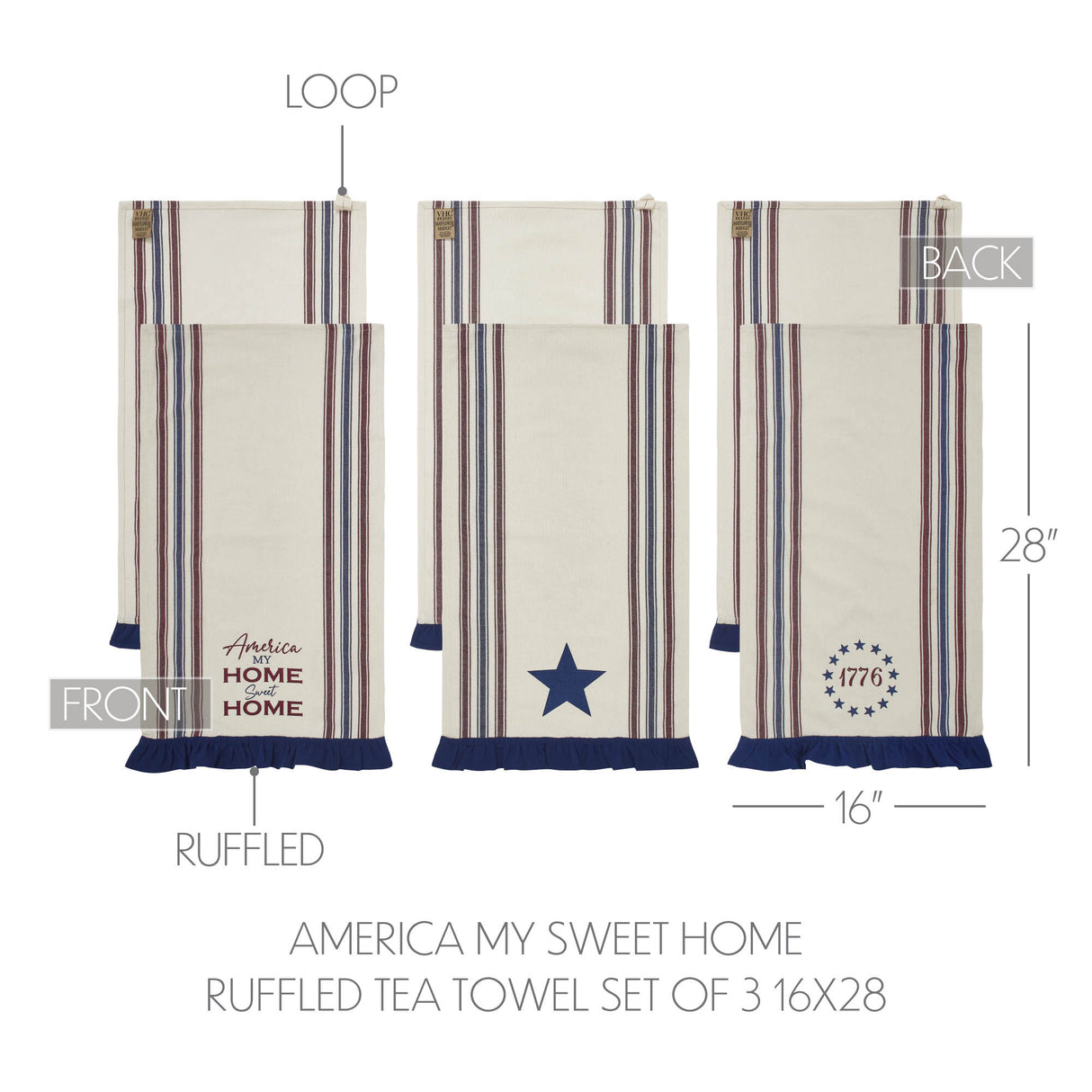 Celebration America My Sweet Home Ruffled Tea Towel Set of 3 16x28