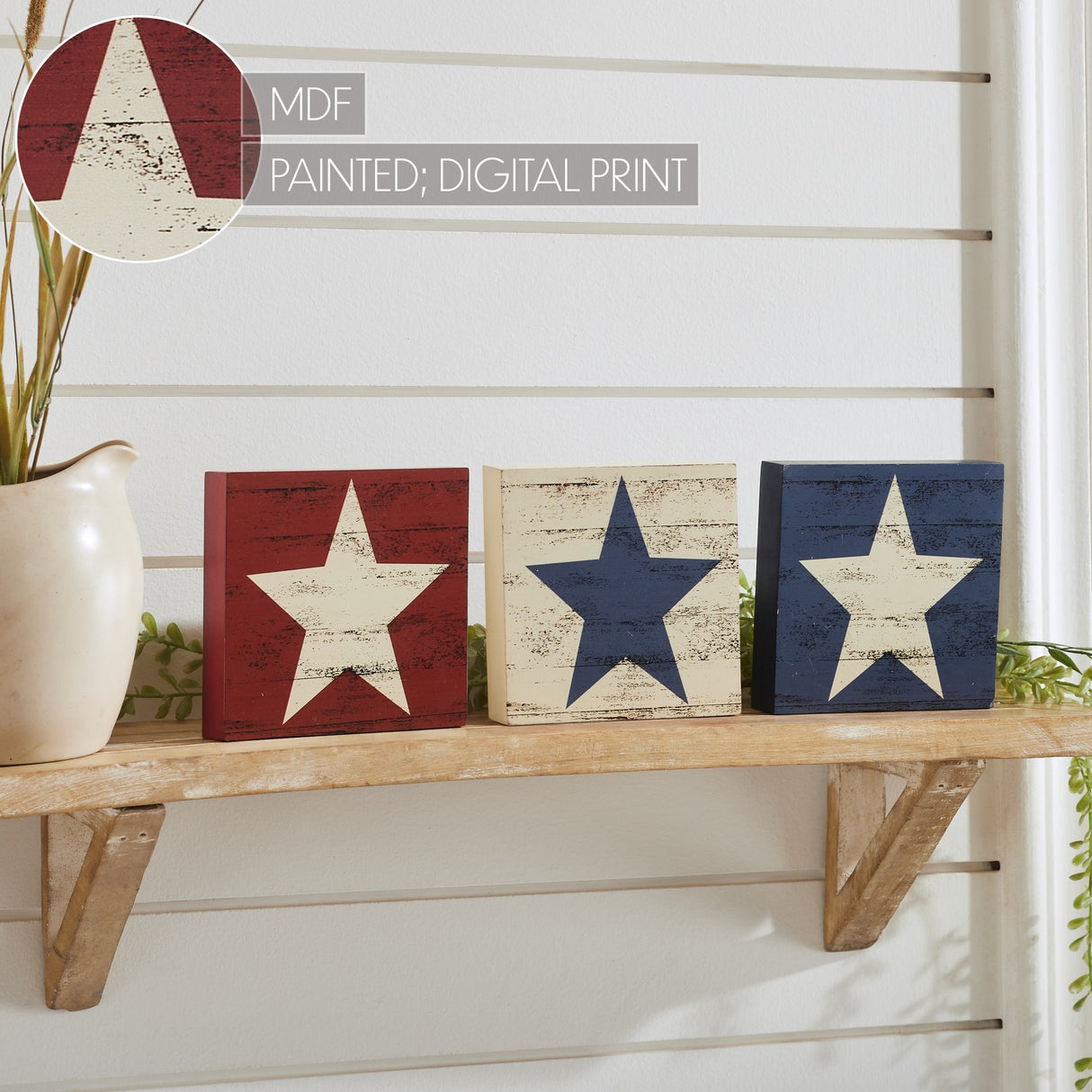 RWB Star MDF Block Signs Set of 3 5x5x1
