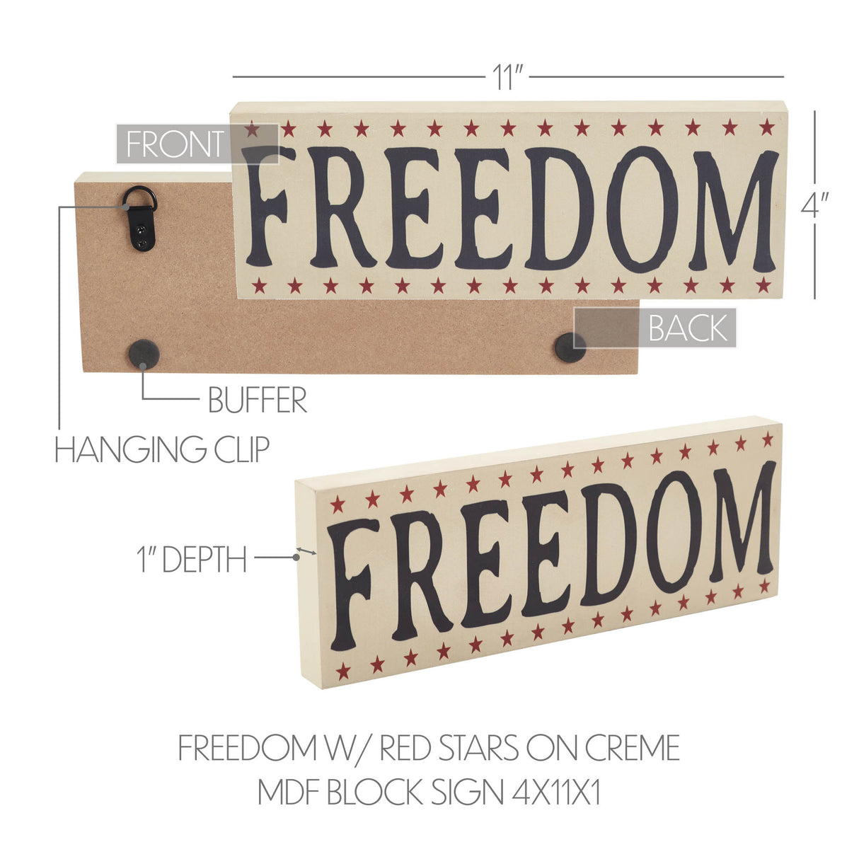 FREEDOM w/ Red Stars On Creme MDF Block Sign 4x11x1