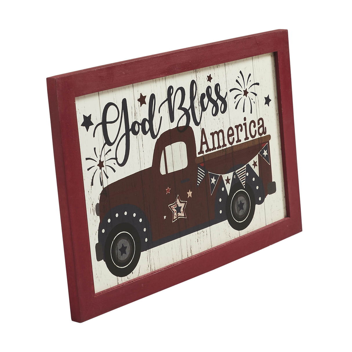 Shiplap God Bless America Red Truck Bunting & Fireworks MDF Wall Sign 8x12
