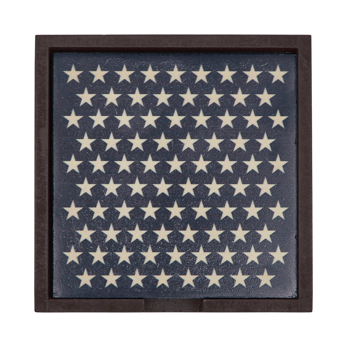 White Stars On Navy MDF Coaster w/ Container Set of 6 4x4