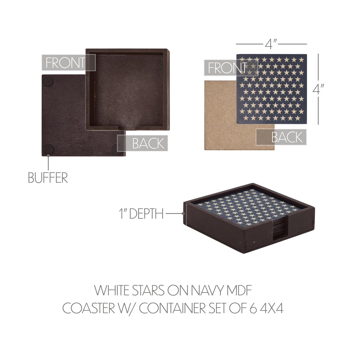 White Stars On Navy MDF Coaster w/ Container Set of 6 4x4