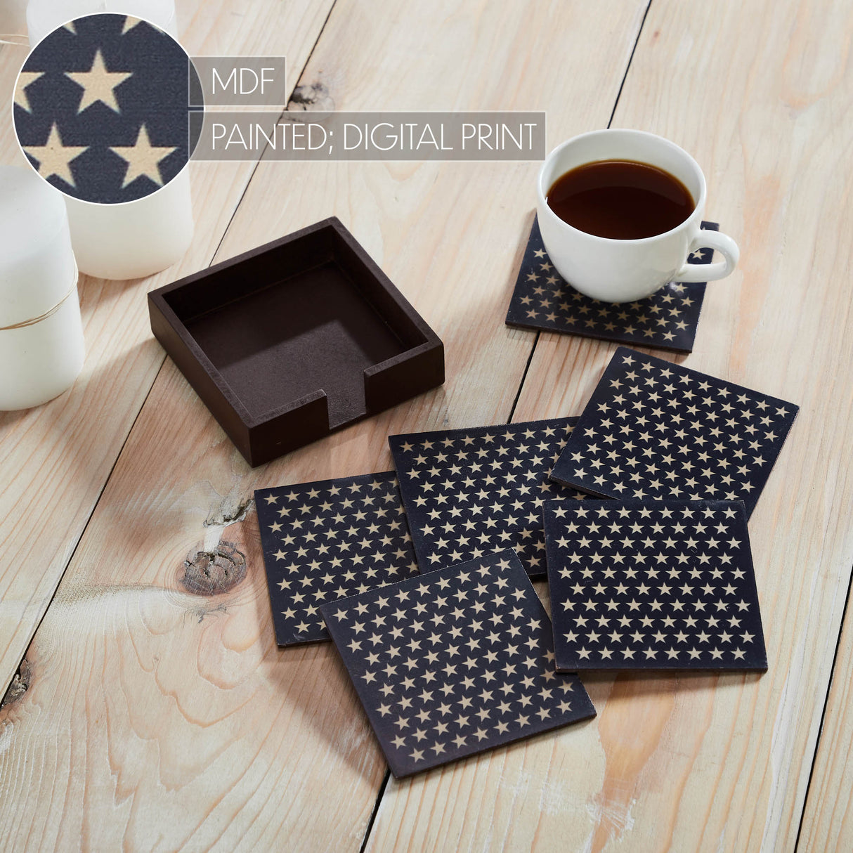 White Stars On Navy MDF Coaster w/ Container Set of 6 4x4