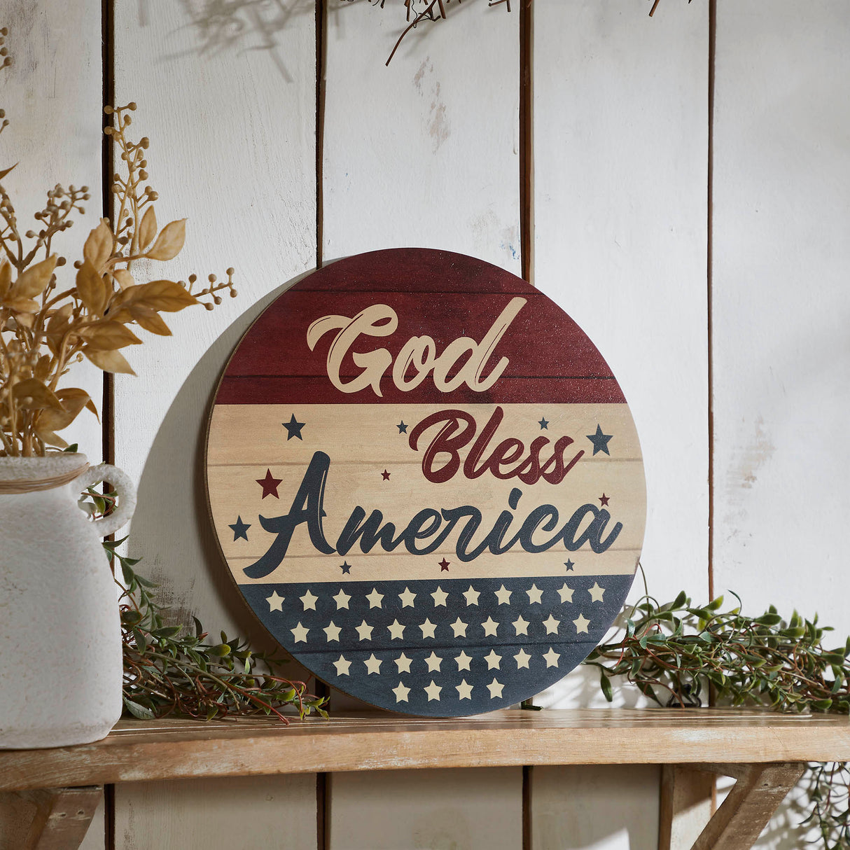 God Bless America Round MDF Wall Hanging 11 Inch Diameter
