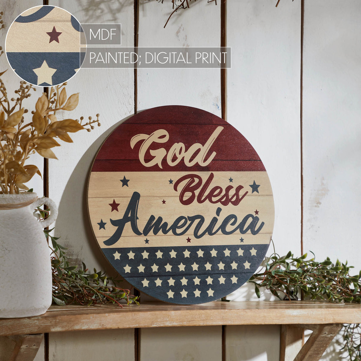 God Bless America Round MDF Wall Hanging 11 Inch Diameter