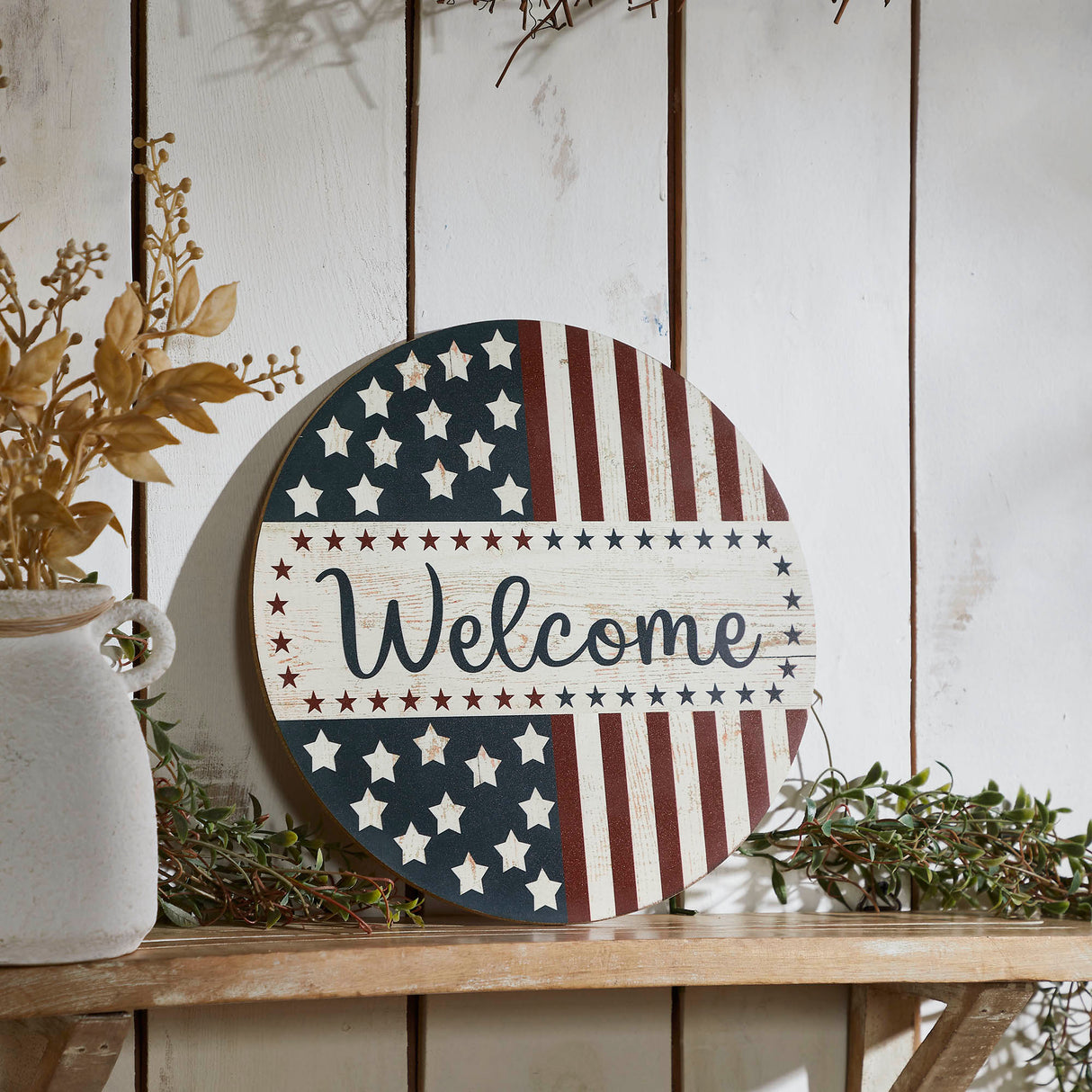 Welcome Stars & Stripes Round Wall Hanging 11 Inch Diameter