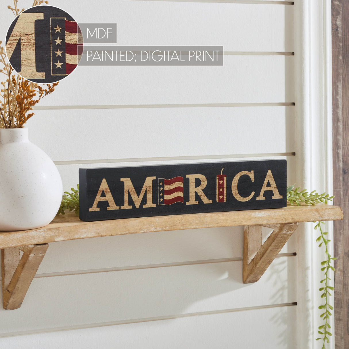AMERICA Flag and Firecracker MDF Block Sign 3x14x1