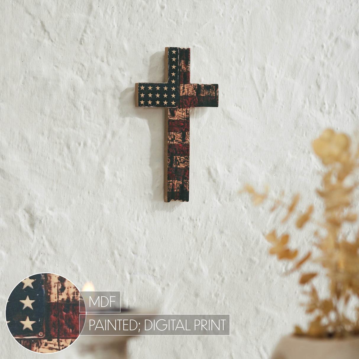 American Flag On Distressed Cross MDF Wall Sign 10x6