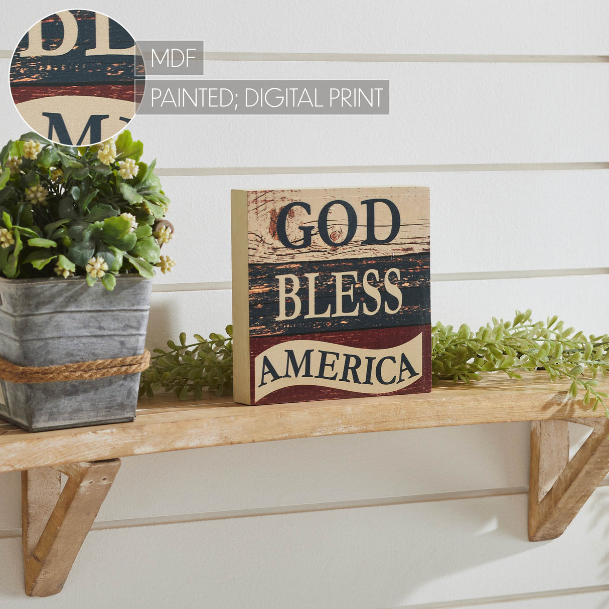 God Bless America White Blue Red MDF Block Sign 6x6x1