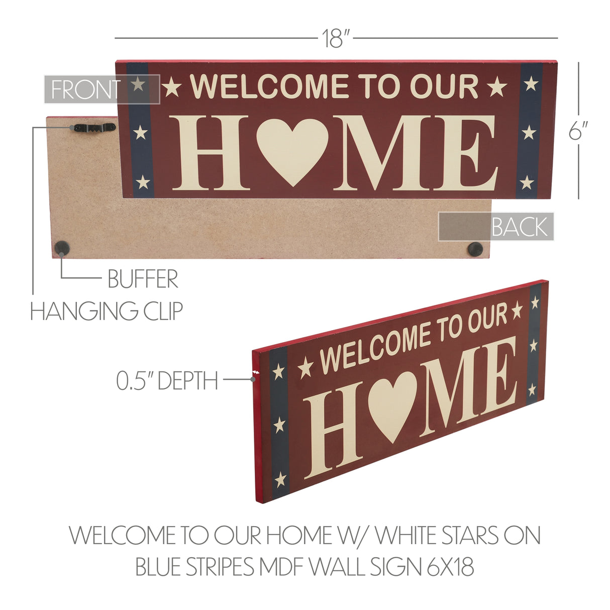 Welcome To Our Home w/ White Stars On Blue Stripes MDF Wall Sign 6x18