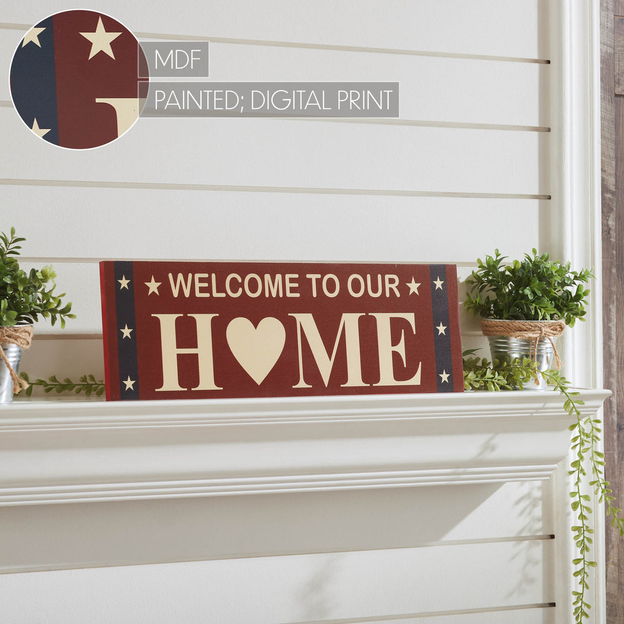 Welcome To Our Home w/ White Stars On Blue Stripes MDF Wall Sign 6x18