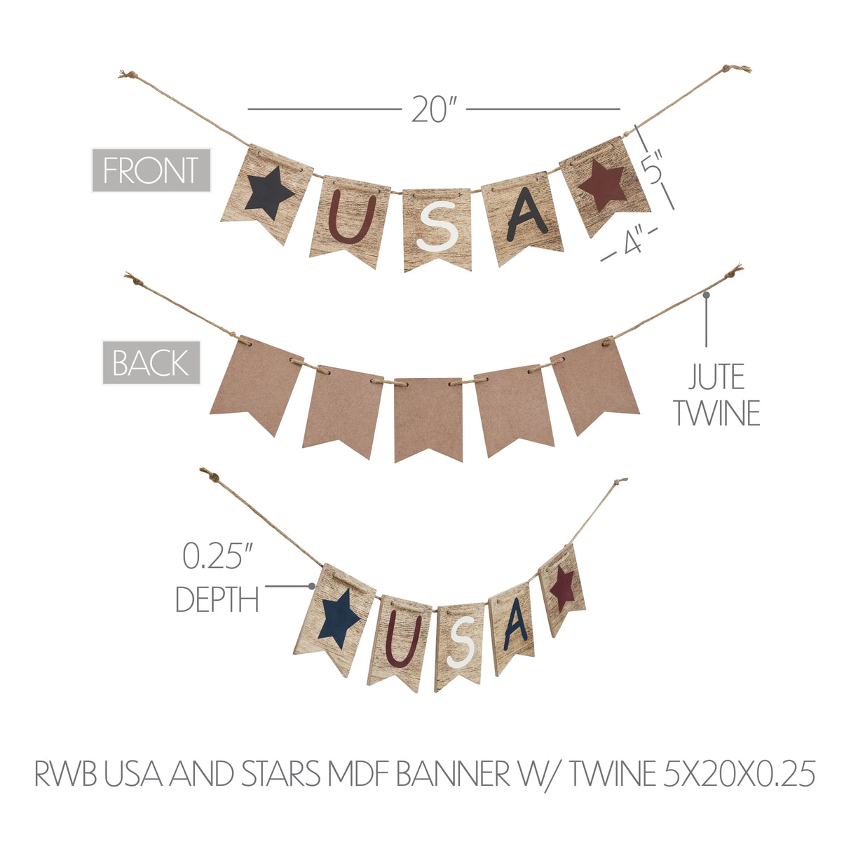 RWB USA And Stars MDF Banner w/ Twine 5x20