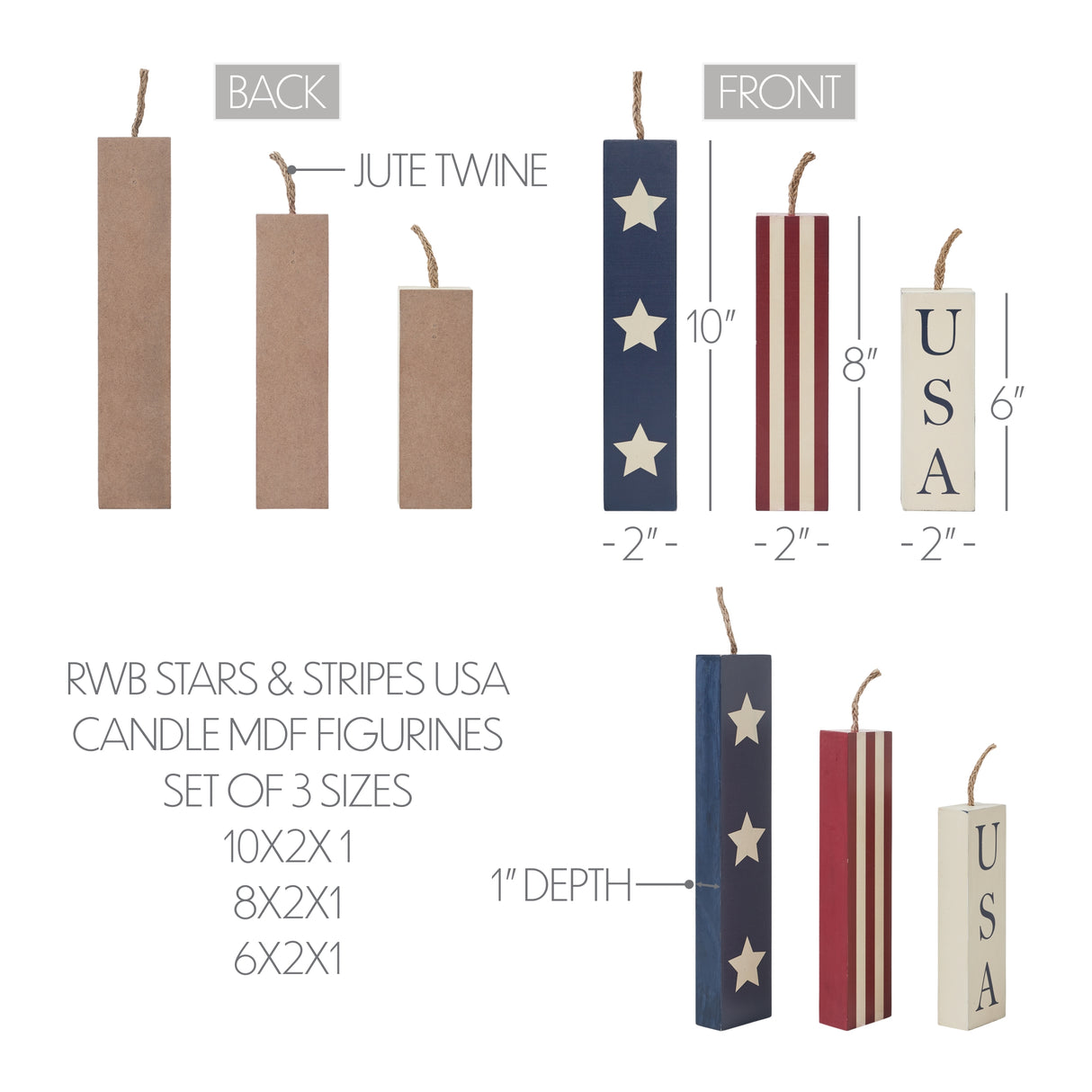 RWB Stars & Stripes USA Candle MDF Figurines Set of 3 Sizes