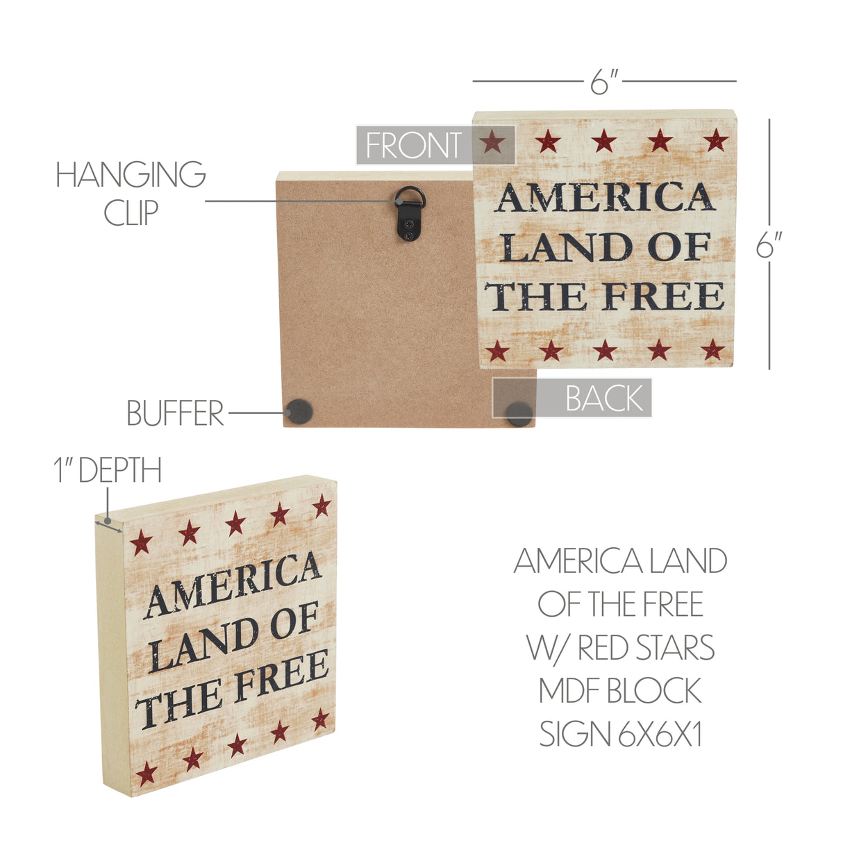 My Country America Land Of The Free w/ Red Stars MDF Block Sign 6x6x1