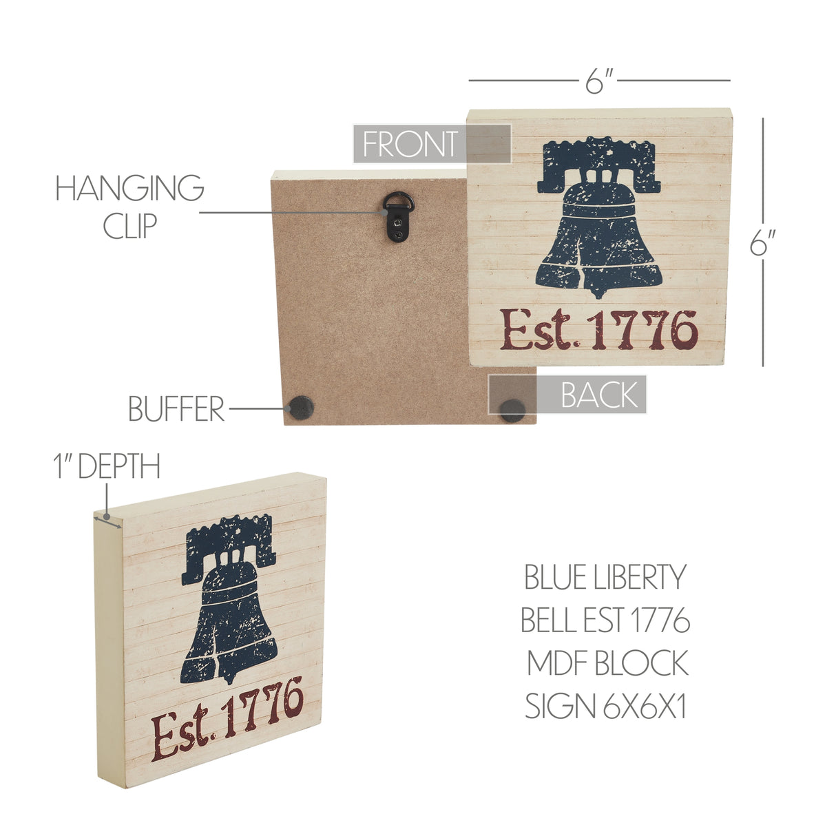 My Country Blue Liberty Bell Est 1776 MDF Block Sign 6x6x1