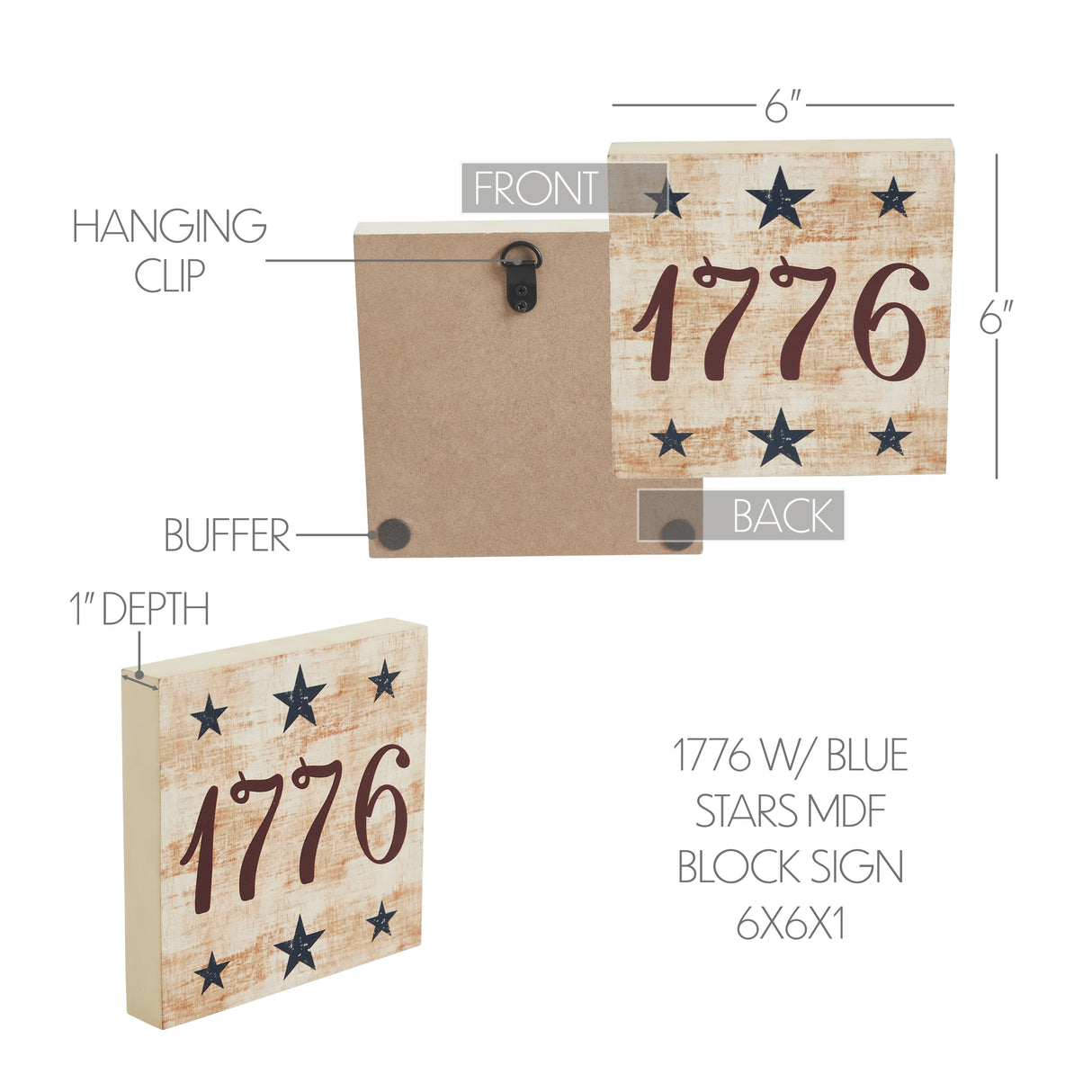 My Country 1776 w/ Blue Stars MDF Block Sign 6x6x1