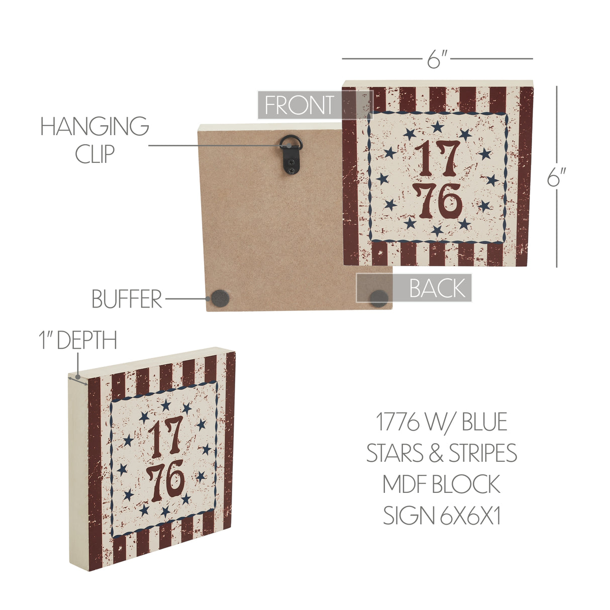My Country 1776 w/ Blue Stars & Stripes MDF Block Sign 6x6x1