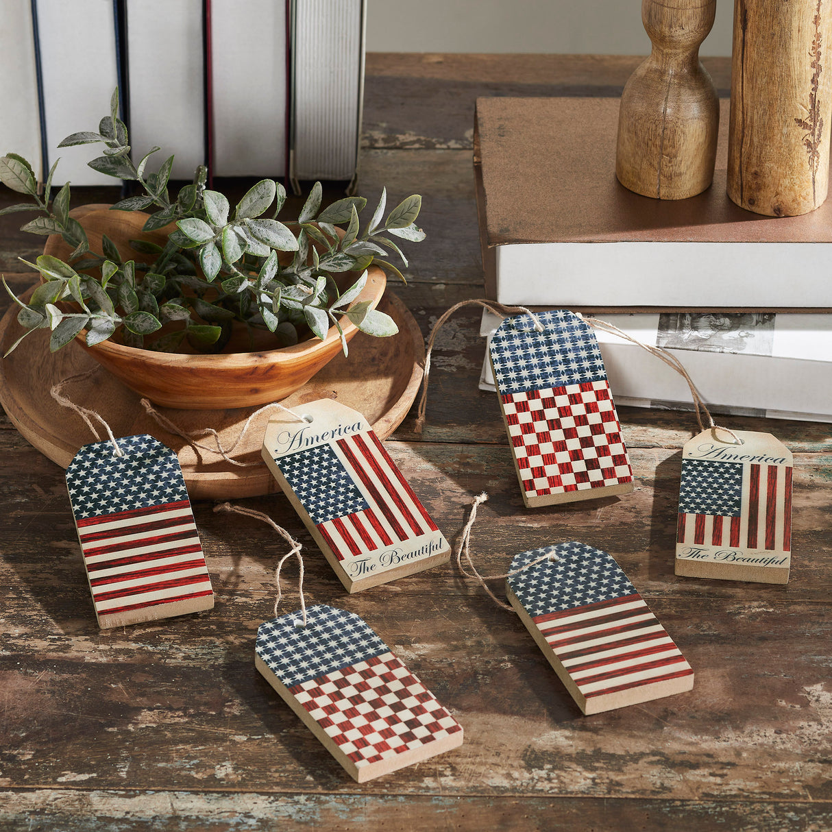 My Country Americana MDF Tag Ornaments w/ Twines 5x2.5x0.5 Sets of 6