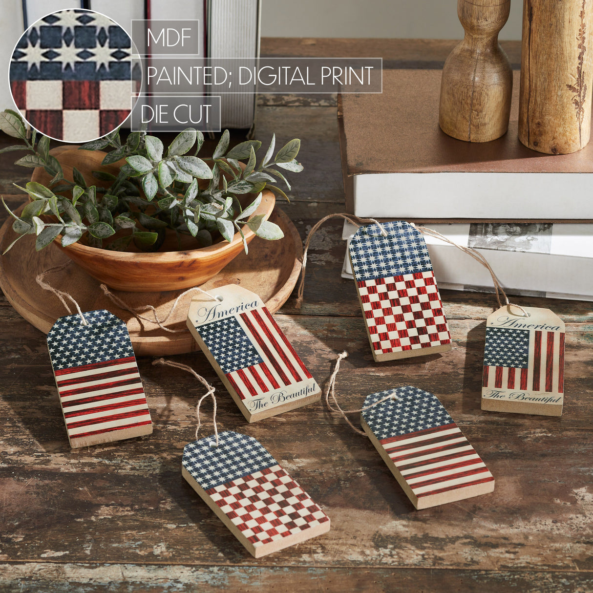 My Country Americana MDF Tag Ornaments w/ Twines 5x2.5x0.5 Sets of 6