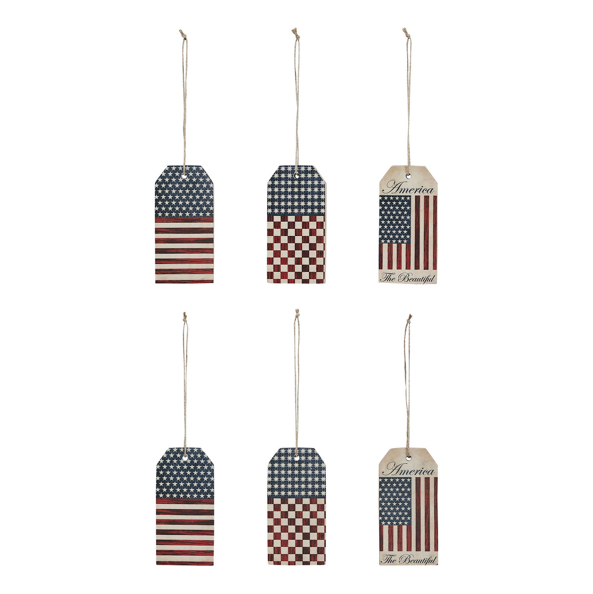 My Country Americana MDF Tag Ornaments w/ Twines 5x2.5x0.5 Sets of 6
