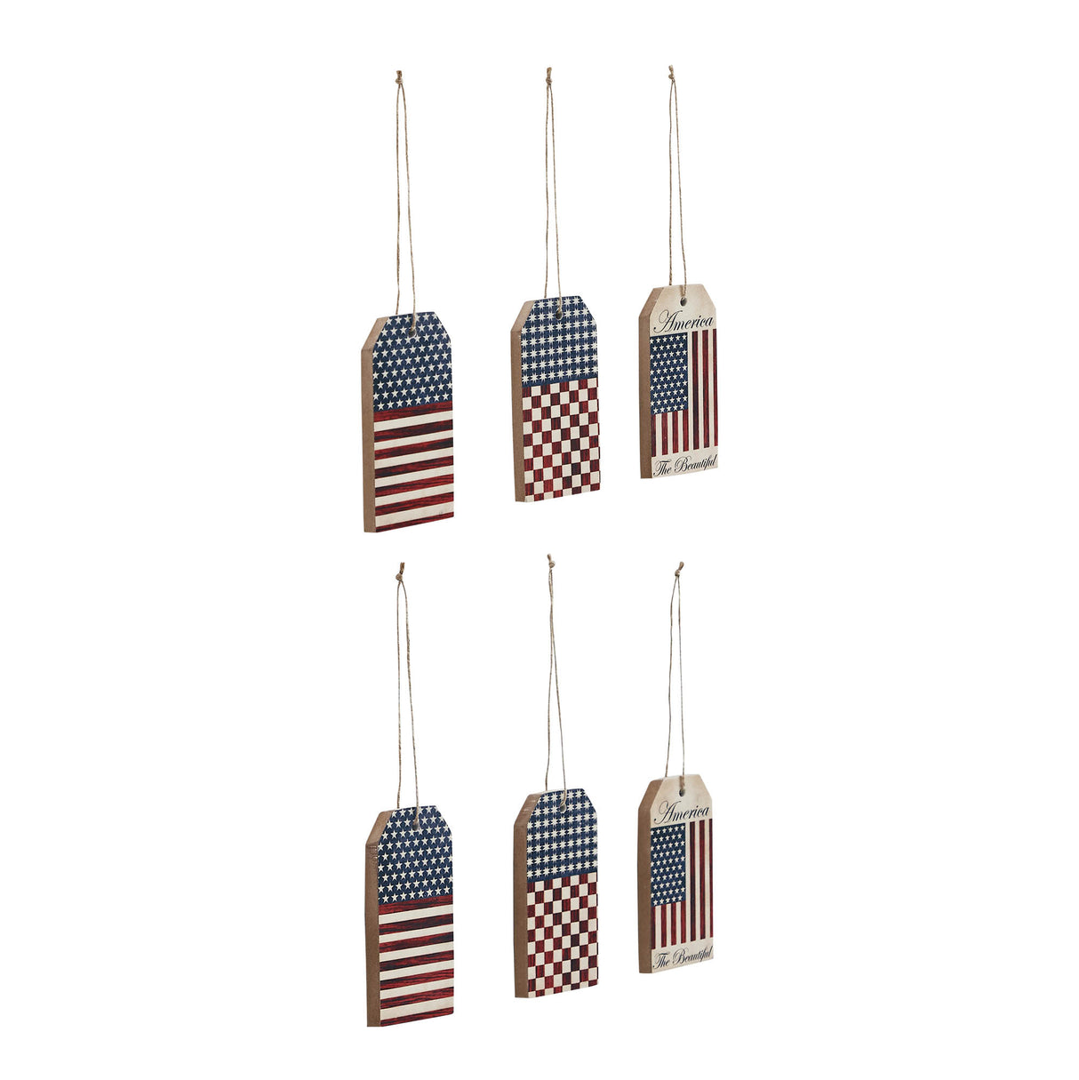 My Country Americana MDF Tag Ornaments w/ Twines 5x2.5x0.5 Sets of 6