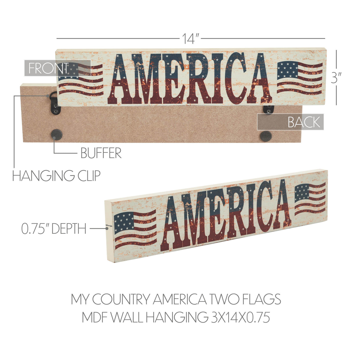 My Country AMERICA Two Flags MDF Wall Hanging 3x14x0.75