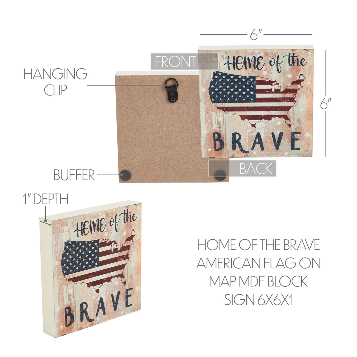 My Country Home Of The Brave American Flag On Map MDF Block Sign 6x6x1