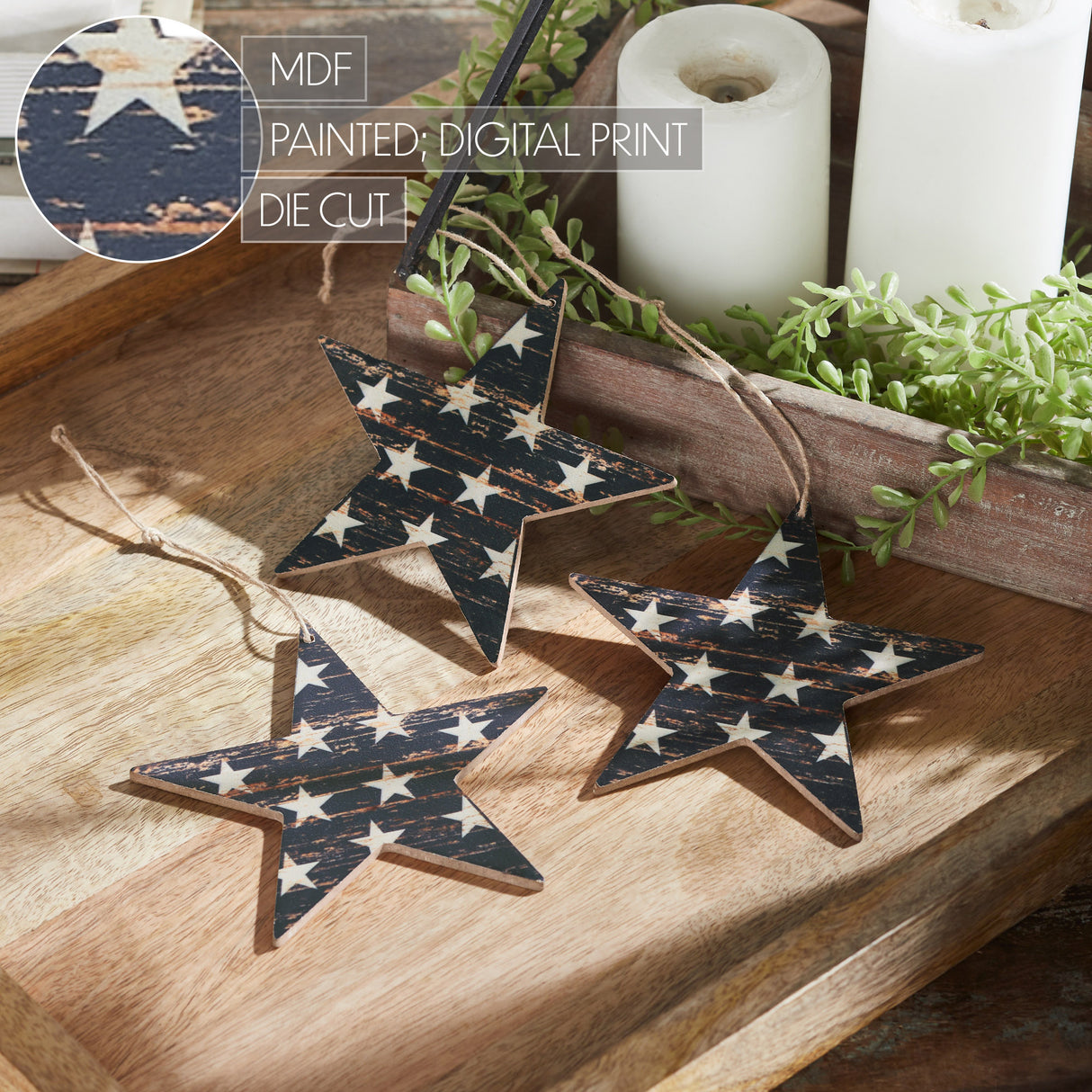 My Country White Stars On Navy MDF Star Ornament 5.25x5x0.125 Set of 3
