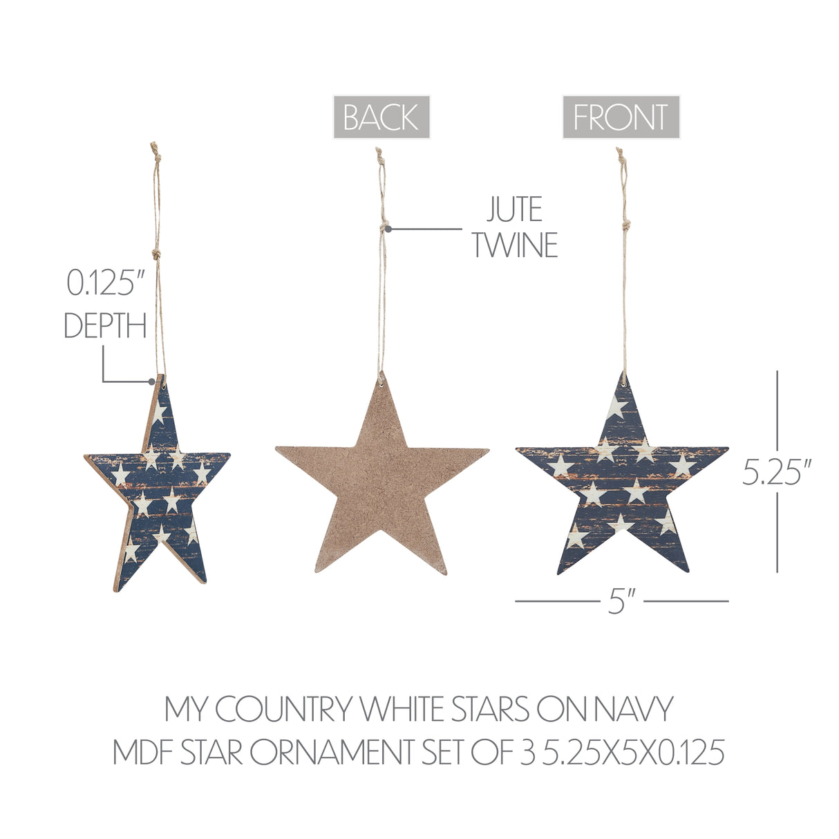 My Country White Stars On Navy MDF Star Ornament 5.25x5x0.125 Set of 3