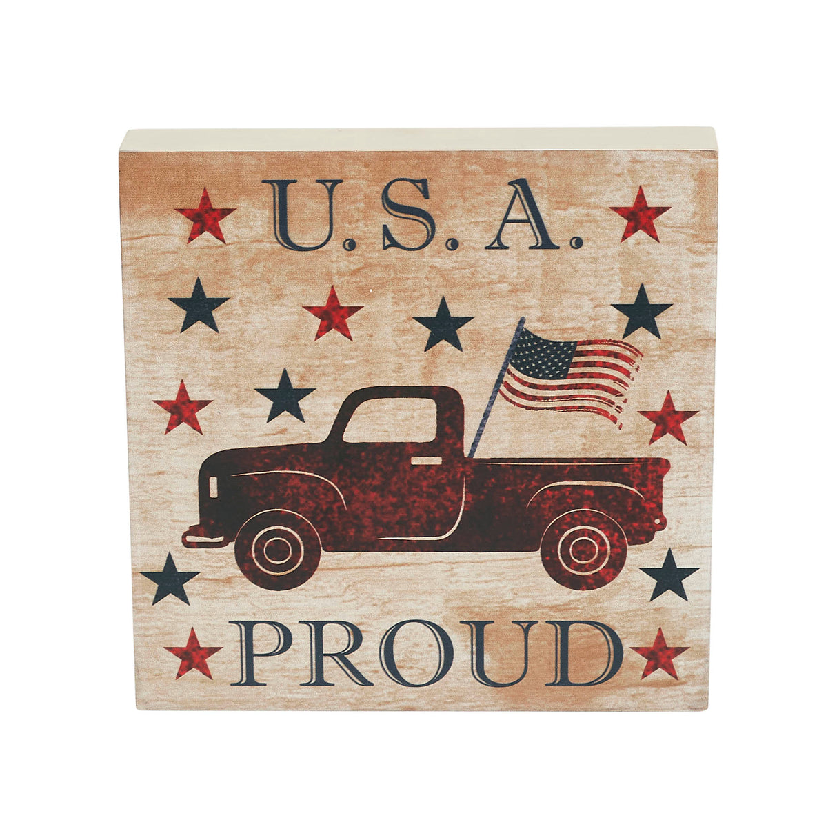My Country USA Proud Red Truck w/ Red & Blue Stars MDF Block Sign 6x6x1